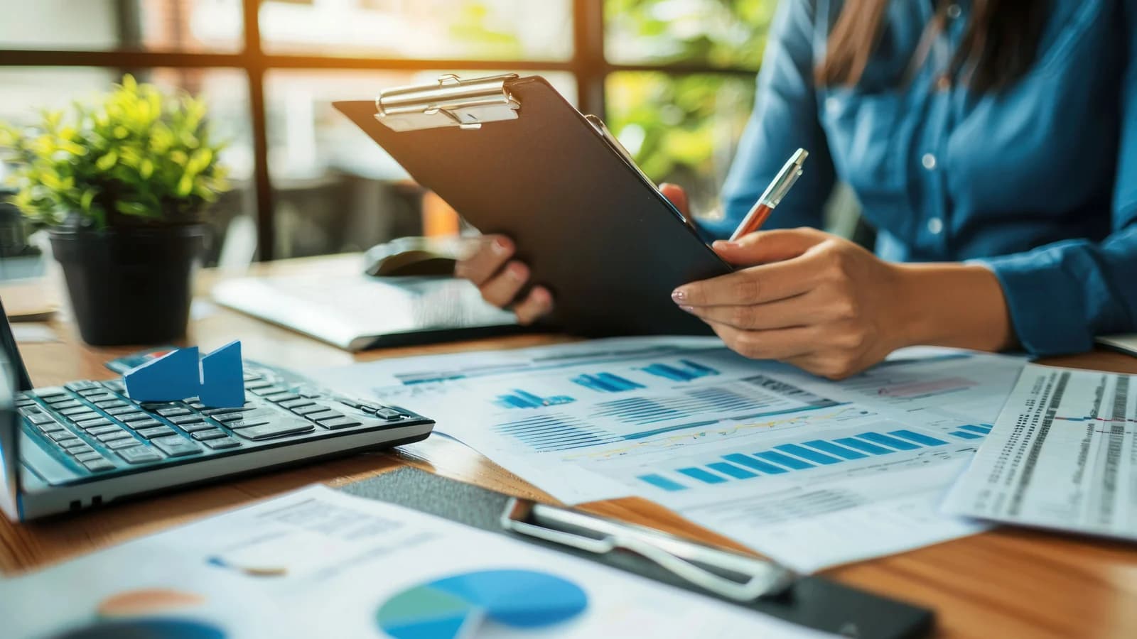 Accounting professional reviewing a connected set of financial and compliance services